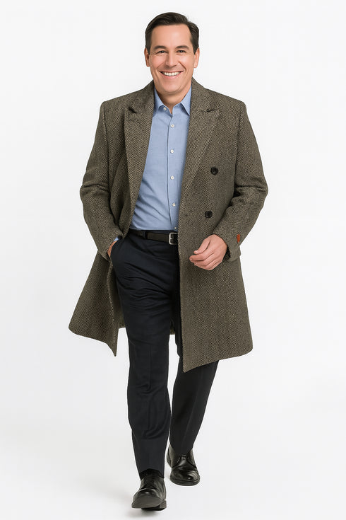 Mens Long Herringbone Wool Overcoat – Classic Double-Breasted Winter Topcoat