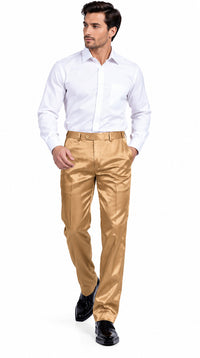 Mens Shiny Stretch Pants Solid Color Slim Fit Sateen Flashy Metallic Slacks in Color "Tan"