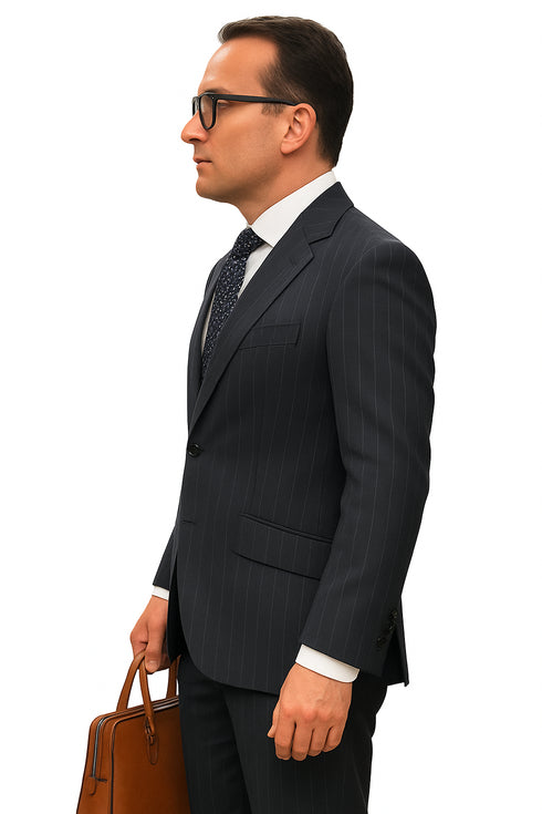 Statement Suits - Wool Suits - Peak Lapel Suits - Ticket Pocket - Modern Fit - Charcoal Stripe Suit