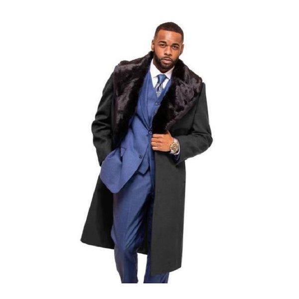 Men's Charcoal Grey Long Dress Topcoat-WinterCoat With Fur Collar