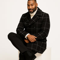 Mens Black Windowpane Check Wool Overcoat – Double-Breasted Winter Peacoat