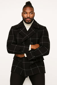 Mens Black Windowpane Check Wool Overcoat – Double-Breasted Winter Peacoat