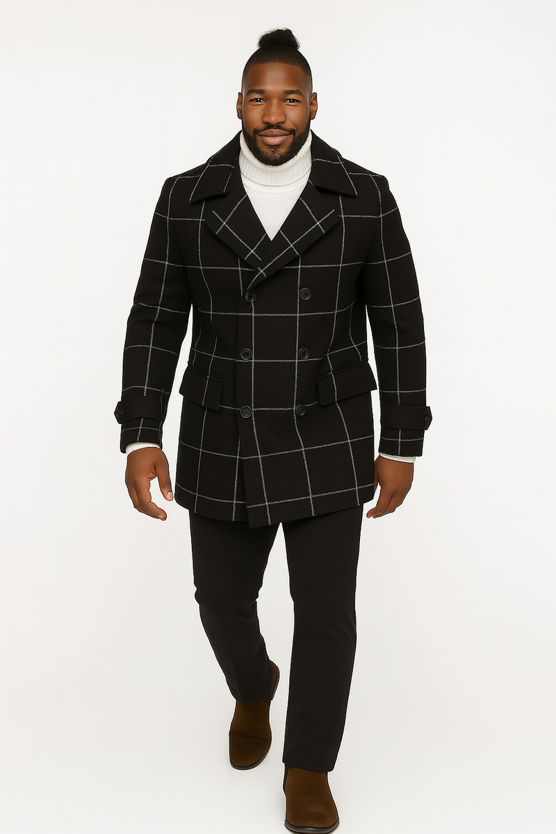 Mens Black Windowpane Check Wool Overcoat – Double-Breasted Winter Pea ...