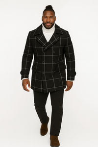 Mens Black Windowpane Check Wool Overcoat – Double-Breasted Winter Peacoat