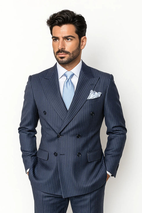 Navy with White Pinstripe Fabric
