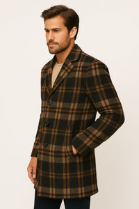 Mens Plaid Wool Overcoat – Khaki and Brown and Cream Check Pattern Winter Coat
