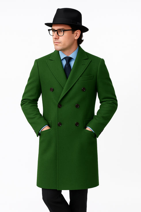 Double Breasted Long Overcoat One Chest Pocket Olive Green - Mens Car Coat Mens Topcoat