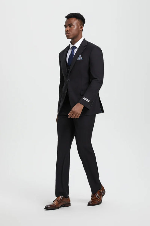 Men's Two Button Vested Stacy Adams Designer Basic Suit In Black