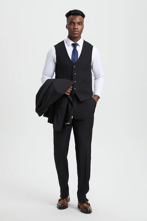 Men's Two Button Vested Stacy Adams Designer Basic Suit In Black