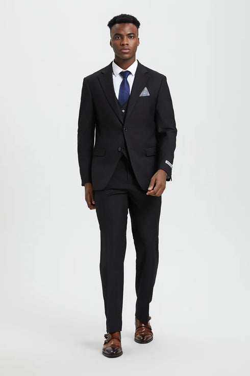 Men's Two Button Vested Stacy Adams Designer Basic Suit In Black