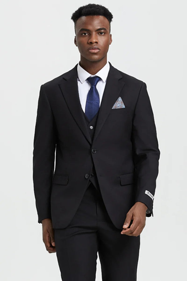 Men's Two Button Vested Stacy Adams Designer Basic Suit In Black