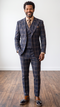 Statement Men's 3-Piece 100% Wool Tailored Fit Plaid Suit - Double Breasted Vest - Navy