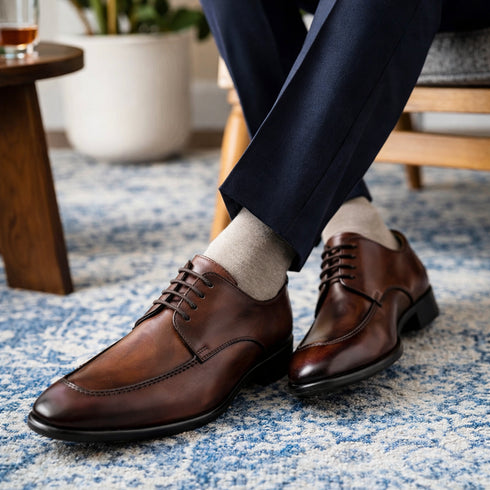 Coventry Dark Cognac Calfskin Leather Men’s Classic Apron Oxford By Mezlan Made In Spain Brand