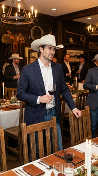 Mens Navy Blue Pinstripe Western Blazer – Classic Cowboy Style Jacket for Business, Formal and Smart Casual Wear