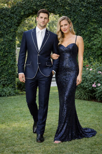 Western Suit - Cowboy Tuxedo With Trim Collar - Slim Fitted Jacket And Pants - Blue and White Tuxedo