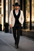Mens Western Tuxedo Suit – Cream Cowboy Blazer with Black Velvet Vest and Satin Shawl Lapel