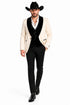 Mens Western Tuxedo Suit – Cream Cowboy Blazer with Black Velvet Vest and Satin Shawl Lapel