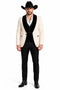 Mens Western Tuxedo Suit – Cream Cowboy Blazer with Black Velvet Vest and Satin Shawl Lapel