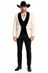 Mens Western Tuxedo Suit – Cream Cowboy Blazer with Black Velvet Vest and Satin Shawl Lapel