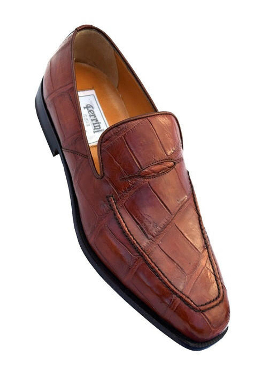Crocodile Shoes By Ferrini Mens Cognac Brown Gator Loafers  display picture 3