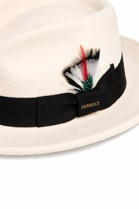 Gangster 100% Austrailian Wool Crushable Mens Fedora Hat - Removable Feather Gangster White/Black Mens Fedora Hat