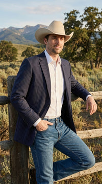 Mens Navy Blue Pinstripe Western Blazer – Classic Cowboy Style Jacket for Business, Formal and Smart Casual Wear