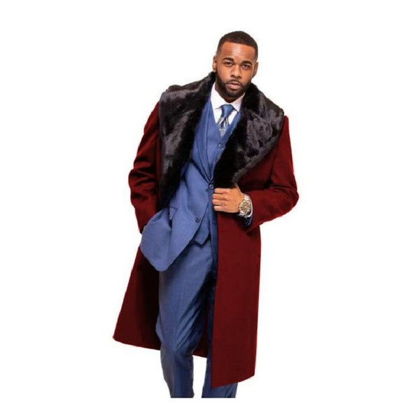 Mens Burgundy~Long Dress Topcoat-Coat With Fur Collar