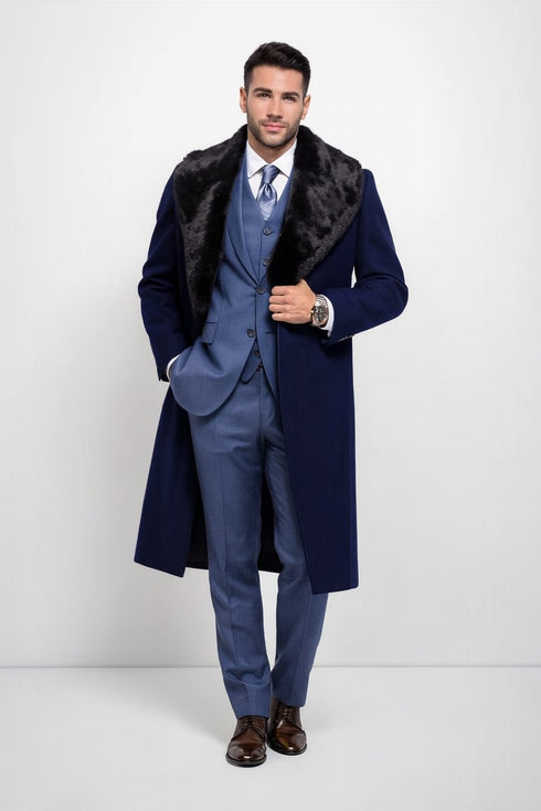 Dark Navy Blue Overcoat ~ Long men's Dress Topcoat - Winter coat With Fur Collar And Wool Fabric