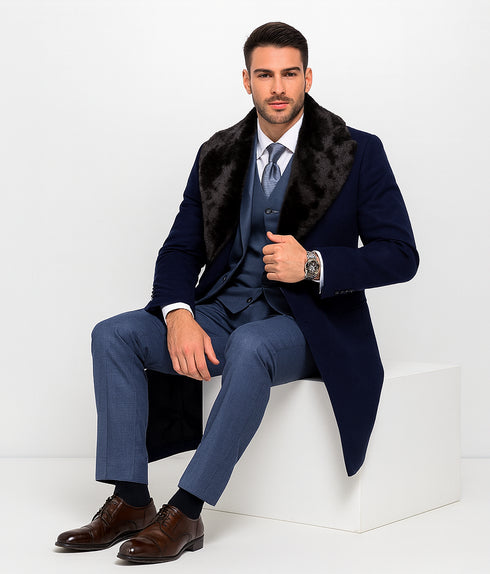 Dark Navy Blue Overcoat ~ Long men's Dress Topcoat - Winter coat With Fur Collar And Wool Fabric