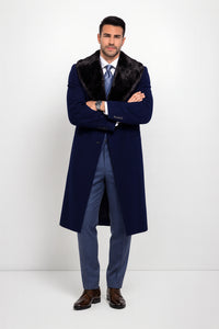 Dark Navy Blue Overcoat ~ Long men's Dress Topcoat - Winter coat With Fur Collar And Wool Fabric