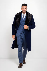 Dark Navy Blue Overcoat ~ Long men's Dress Topcoat - Winter coat With Fur Collar And Wool Fabric