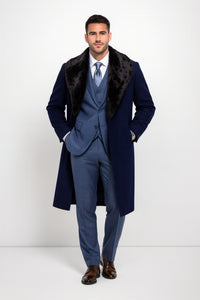 Dark Navy Blue Overcoat ~ Long men's Dress Topcoat - Winter coat With Fur Collar And Wool Fabric
