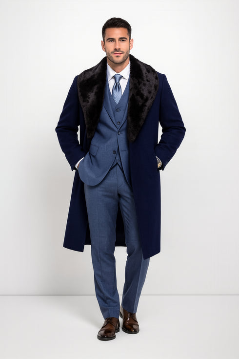 Dark Navy Blue Overcoat ~ Long men's Dress Topcoat - Winter coat With Fur Collar And Wool Fabric