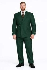 Mens Designer Tailored Fit Hunter Green Double Breasted Wool Suit with Metal Buckle Closure