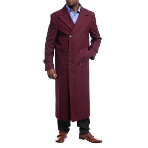 Mens Red Overcoat Trench coat - Black Diamond Burgundy Wool Double Breasted