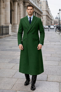 Double Breasted Long Overcoat One Chest Pocket Olive Green - Mens Car Coat Mens Topcoat