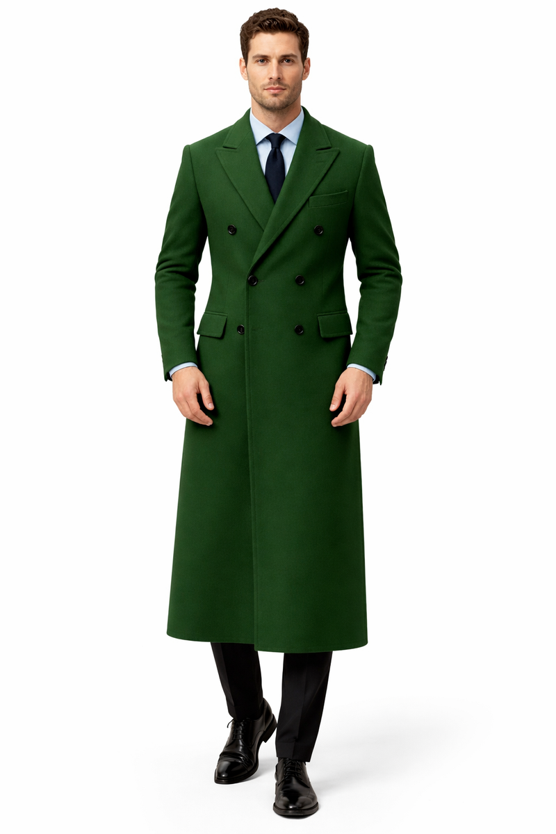 Double Breasted Long Overcoat One Chest Pocket Olive Green – OvercoatUSA