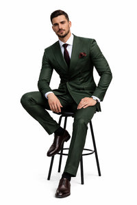 Double Breasted Slim Fit Suit - Dark Green Suit - Tapred Fit Pants