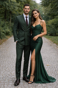 Double Breasted Slim Fit Suit - Dark Green Suit - Tapred Fit Pants