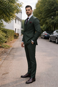 Double Breasted Slim Fit Suit - Dark Green Suit - Tapred Fit Pants