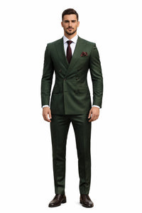 Double Breasted Slim Fit Suit - Dark Green Suit - Tapred Fit Pants