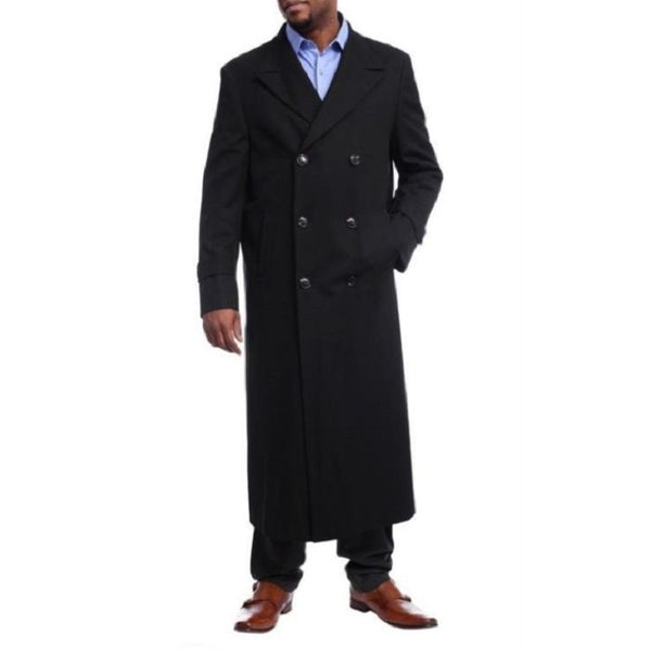 Mens Black Diamond Solid Black Wool Double Breasted Trench Coat