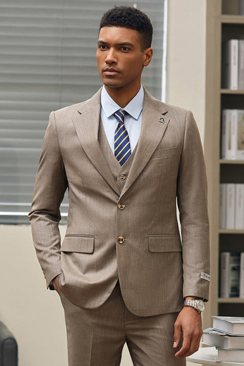 Mens Stacy Adams Suits Brand - Designer Suit Men's Stacy Adam's Two Button Vested Sharkskin Business Suit in Dark Tan