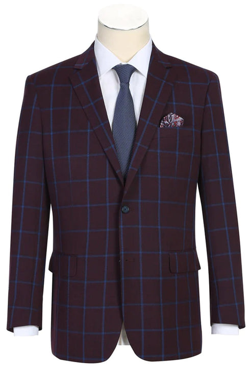 Western Sport Coat - Western Blazer Mens Two Button Slim Fit Sport Coat Blazer in Burgundy & Blue Windowpane Plaid