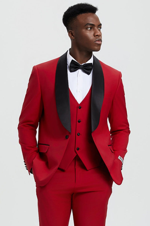 Mens Stacy Adams Suits Brand - Designer Suit Men's Stacy Adams Vested One Button Shawl Lapel Designer Tuxedo in Red