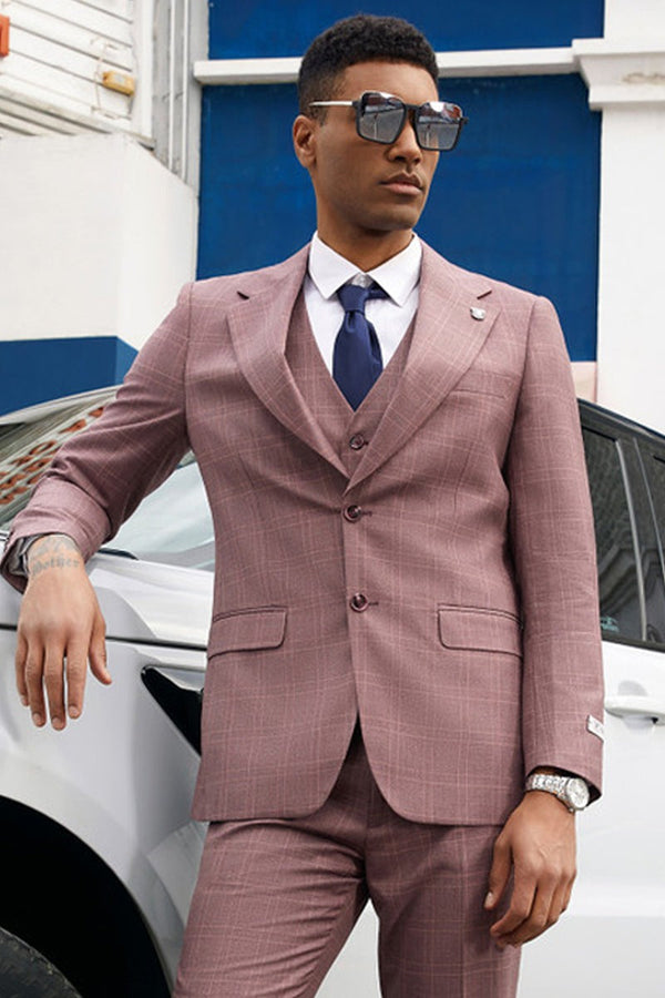 Mens Stacy Adams Suits Brand - Designer Suit Men's Stacy Adam's Two Button Vested Business Suit in Mauve Plaid