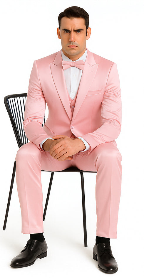 Tazzio Men's Dusty Rose Satin Double Breasted 3 Piece Skinny Fit Suit with Peak Lapel Vest and Matching Bowtie