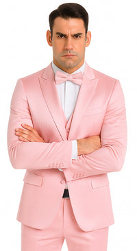 Tazzio Men's Dusty Rose Satin Double Breasted 3 Piece Skinny Fit Suit with Peak Lapel Vest and Matching Bowtie