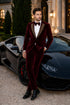 EJ Samuel Men's Burgundy Modern Fit Velvet Tuxedo with Gold Sequin Lapel