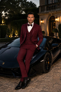 Mens One Button Satin Trim Shawl Tuxedo in Burgundy Wool